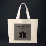 The Flame & Star - Large Tote Bag<br><div class="desc">This image is a flame from a candle. A star around the flame represents Hanukkah. Done in a black tattoo. A black backround was also added. "Happy Hanukkah 2014" is printed on this design. Customize with your own words. These totes are available in assorted styles,  colours and sizes.</div>