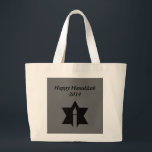 The Flame & Star - Large Tote Bag<br><div class="desc">This image is a flame from a candle. A star around the flame represents Hanukkah. Done in a black tattoo. A black backround was also added. "Happy Hanukkah 2014" is printed on this design. Customize with your own words. These totes are available in assorted styles,  colours and sizes.</div>