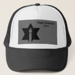 The Flame & Star - Trucker Hat<br><div class="desc">This image is a flame from a candle. A star around the flame represents Hanukkah. Done in a black tattoo.   All this is done on a black backround. "Happy Hanukkah 2014" Customize with your own words. This hat is available in assorted colours and sizes.</div>