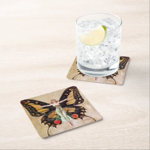 The Flapper Girl's Metamorphosis to Butterfly 1922 Square Paper Coaster