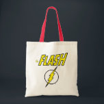 The Flash Name & Lightning Bolt Logo Tote Bag<br><div class="desc">Check out this iconic logo for The Flash,  featuring his name in telescopic speed style over the bright yellow lightning bolt in circle icon!</div>