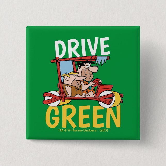 The Flintstones | Fred & Barney - Drive Green 2 Inch Square Button (Front)
