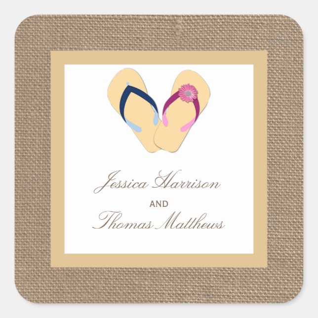 The Flip-Flop Sand Beach Burlap Wedding Collection Square Sticker (Front)