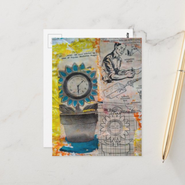 The Flower Clock Mixed Media Collage Postcard (Front/Back In Situ)