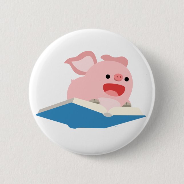 The Flying Book and Cartoon Pig Button Badge (Front)