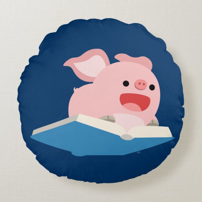 The Flying Book and Cartoon Pig Round Pillow (Front)