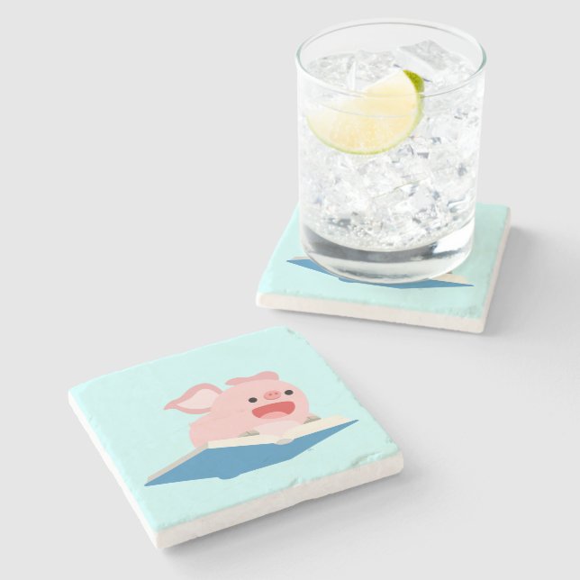 The Flying Book and Cartoon Pig Stone Coaster (Side)