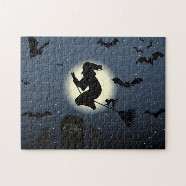 the flying witch halloween scene jigsaw puzzle (Horizontal)
