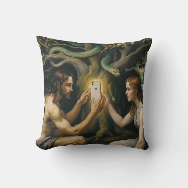 The Forbidden Fruit - Adam and Eve Throw Pillow (Front)