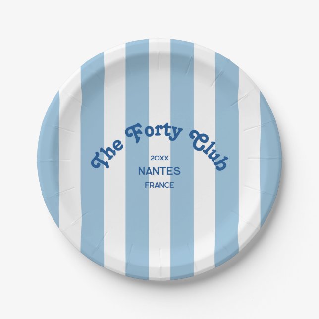 The Forty Club Blue Stripe 40th Birthday Round Paper Plate (Front)