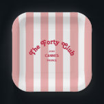 The Forty Club Pink Cabana Stripe 40th Birthday  Paper Plate<br><div class="desc">Elevate your 40th birthday celebration with The Forty Club Pink Cabana Stripe Party Paper Plates, featuring bold red retro lettering set against chic pink cabana stripes, these customizable plates are perfect for elevating your 40th birthday decor, adding a fun, coastal vibe these plates can be fully personalized with your custom...</div>