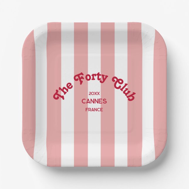 The Forty Club Pink Cabana Stripe 40th Birthday  Paper Plate (Front)