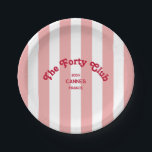 The Forty Club Pink Stripe 40th Birthday Round  Paper Plate<br><div class="desc">Elevate your 40th birthday celebration with The Forty Club Pink Cabana Stripe Party Paper Plates, featuring bold red retro lettering set against chic pink cabana stripes, these customizable plates are perfect for elevating your 40th birthday decor, adding a fun, coastal vibe these plates can be fully personalized with your custom...</div>