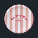 The Forty Club Pink Stripe 40th Birthday Round  Paper Plate<br><div class="desc">Elevate your 40th birthday celebration with The Forty Club Pink Cabana Stripe Party Paper Plates, featuring bold red retro lettering set against chic pink cabana stripes, these customizable plates are perfect for elevating your 40th birthday decor, adding a fun, coastal vibe these plates can be fully personalized with your custom...</div>