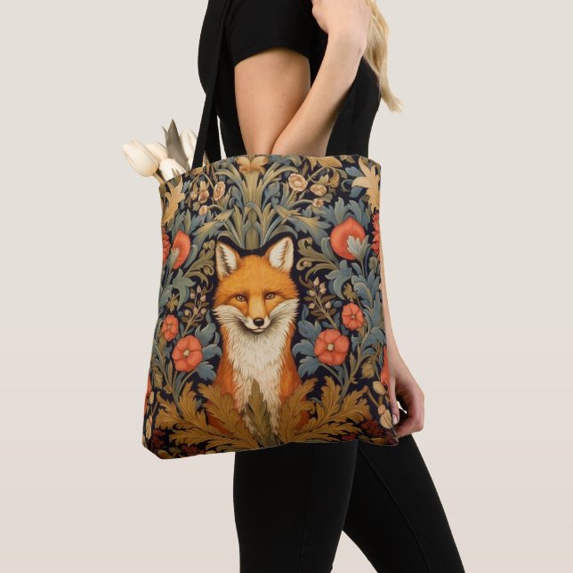 The fox and red flowers art nouveau style tote bag (Close Up)