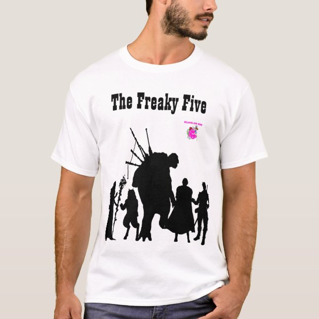 The Freaky Five in black silhouette on white T-Shirt (Front)