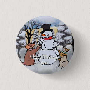 The friendship of snowman, dog and cat funny 1 inch round button