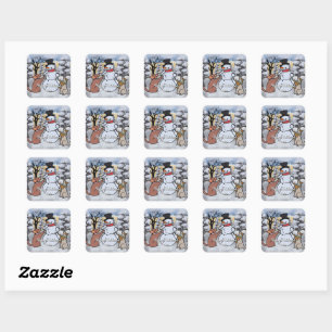The friendship of snowman, dog and cat funny square sticker