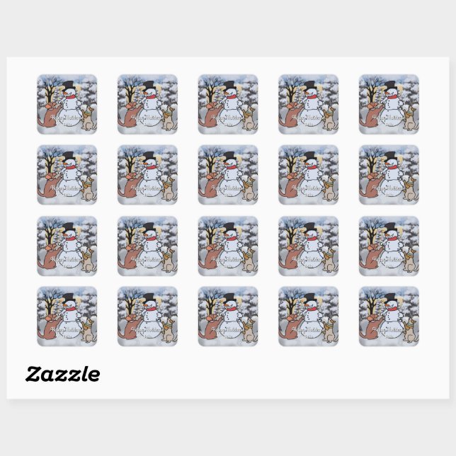 The friendship of snowman, dog and cat | funny  square sticker (Sheet)