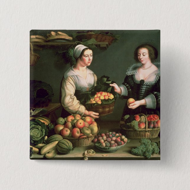 The Fruit and Vegetable Seller 2 Inch Square Button (Front)