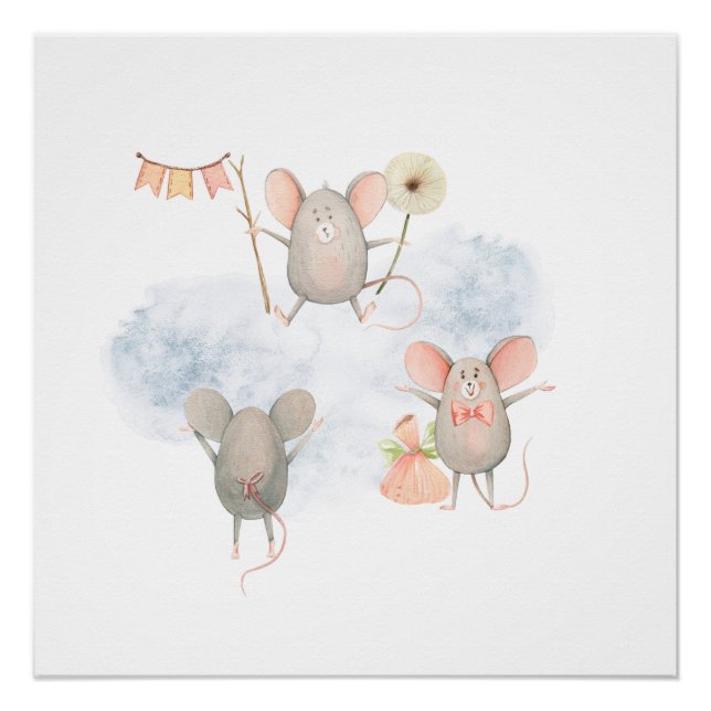 The Funny Mice Watercolor Nursery Poster Print (Front)