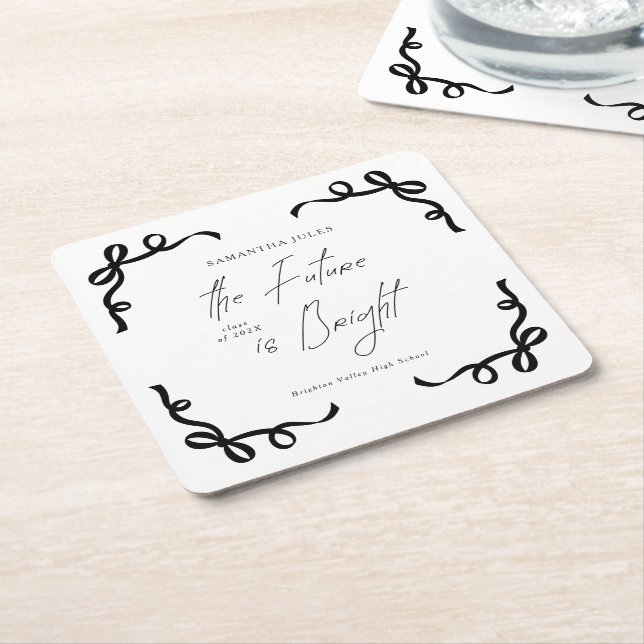 The Future is Bright Bow Script Graduation Party Square Paper Coaster (Angled)