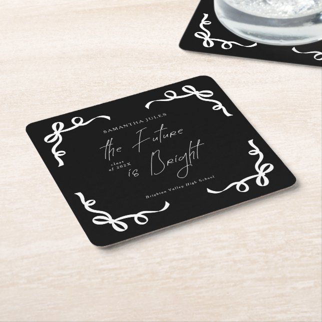 The Future is Bright Bow Script Graduation Party Square Paper Coaster (Angled)