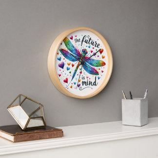 The Future Is Mind - Rainbow Dragonfly Art Clock