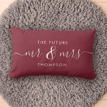 The Future Mr and Mrs Elegant Script Burgundy Red Lumbar Pillow<br><div class="desc">Celebrate your love with this chic and romantic throw pillow featuring your future Mr & Mrs family name in charcoal vintage script calligraphy lettering. Choose your own background colour under customize further. This would make the perfect gift for a bridal shower, engagement, or Valentine's Day. The burgundy red and ivory...</div>