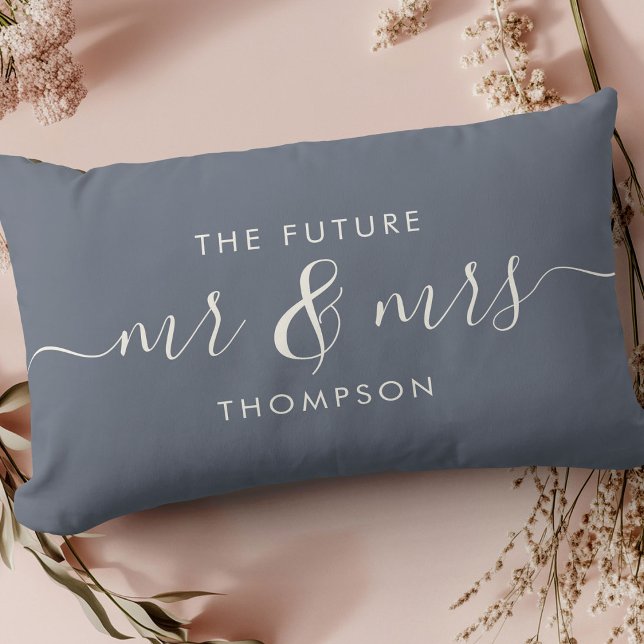 The Future Mr and Mrs Elegant Script Dusty Blue Lumbar Pillow (Creator Uploaded)