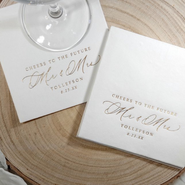 The Future Mr & Mrs Custom Engagement Party Foil Napkins (Elegant engagement party napkins - Cheers to the future Mr & Mrs)