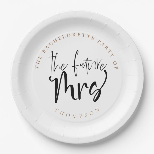 The Future Mrs Married Name Script Bachelorette Paper Plate (Front)