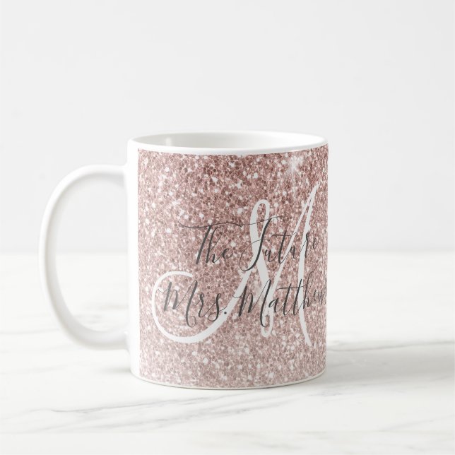 The Future Mrs Rose Gold Glitter Monogram Name Coffee Mug (Left)
