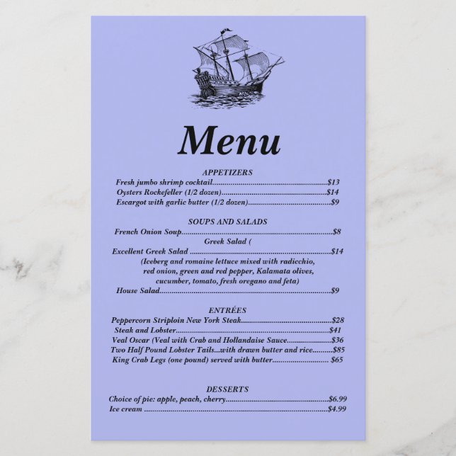 The Galleon Menu (Front)