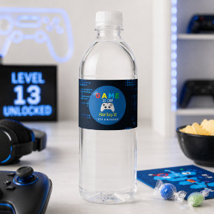 The Game Is On! Custom Photo Video Game Birthday Water Bottle Label