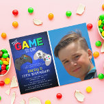 The Game Is On! Photo | Video Game Birthday Invitation<br><div class="desc">How cool is this gaming birthday invitation! Perfect for boys of all ages. Super fun and colourful featuring a photo of the birthday child,  a blue pixel background,  the text "THE GAME IS ON!",  video game controllers and a birthday template that is easy to personalize.</div>