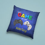 The Game Is On! | Video Game Throw Pillow<br><div class="desc">Cool and colourful pillow,  that gamers will love. Featuring a blue pixel background,  two video game controlers,  the title "The Game is On!" and personalized with their name.</div>