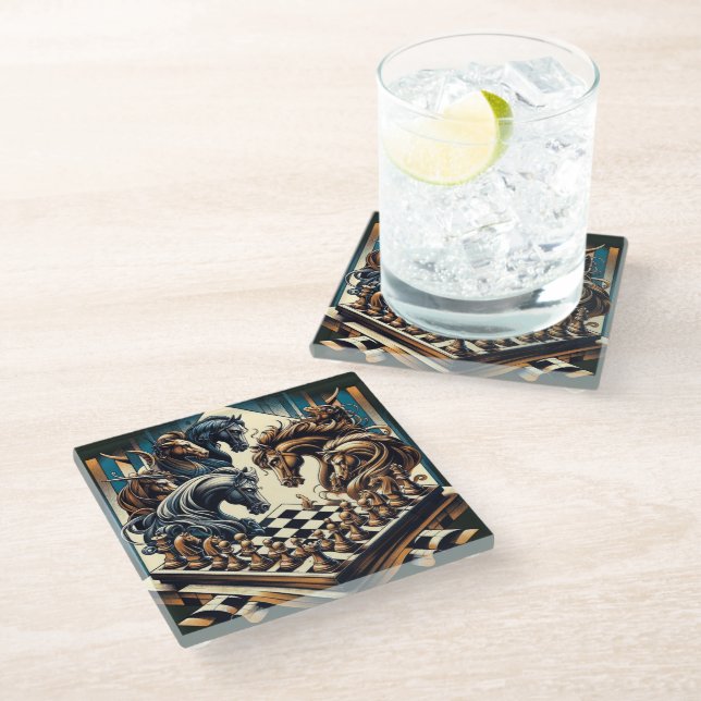 The game of knights – chess meets fantasy glass coaster (Angled)