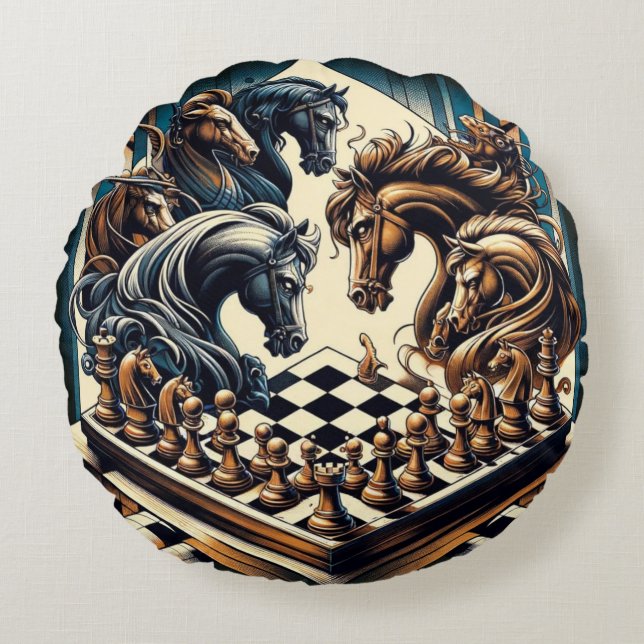 The game of knights – chess meets fantasy round pillow (Front)