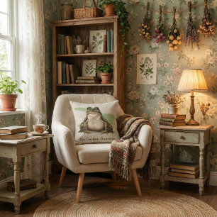 The Garden Guardian Frog   Cottagecore Nature Art Throw Pillow