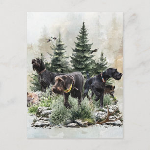 The German Wirehaired Pointers, Art Holiday Postcard