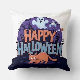 The Ghost and Halloween Cat Throw Pillow: Charming Throw Pillow