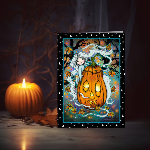 The Ghost and the Giant Pumpkin Halloween Art Card