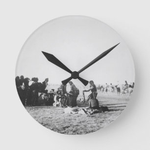 The Ghost Dance, South Dakota, 1890 (b/w photo) Round Clock