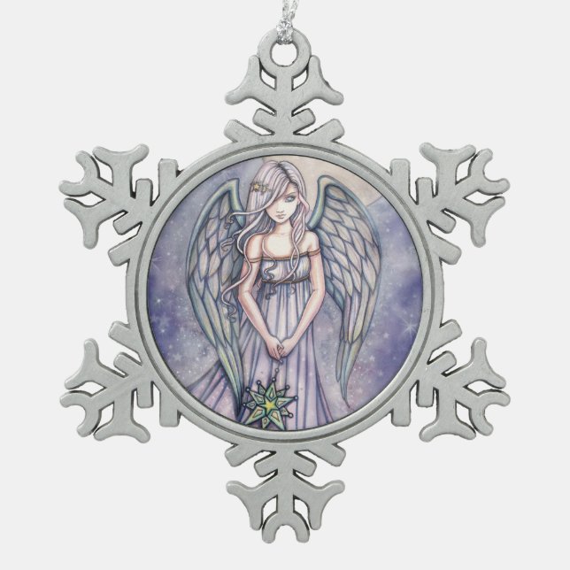 The Gift Angel Fantasy Art Snowflake Pewter Christmas Ornament (Front)