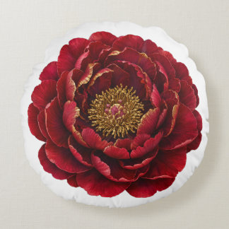 The Gilded Ruby Peony | Luxury Red & Gold Botanica Round Pillow