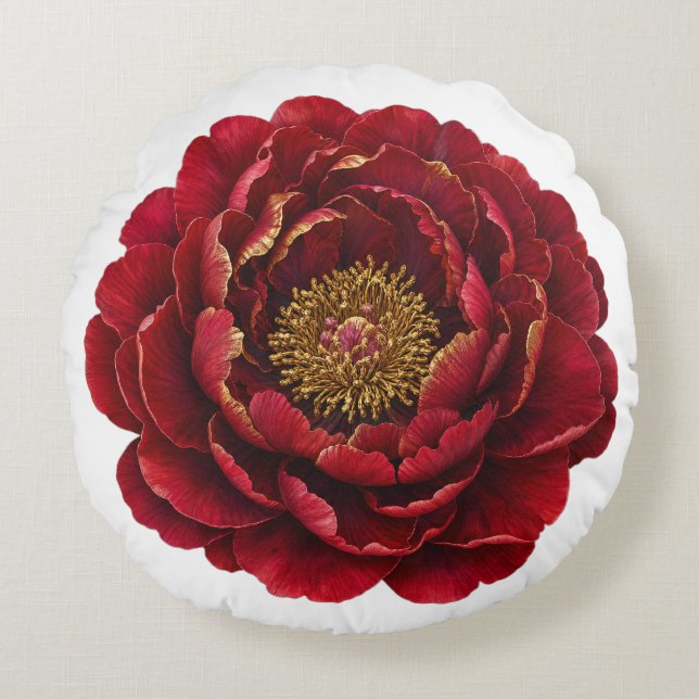The Gilded Ruby Peony | Luxury Red & Gold Botanica Round Pillow (Front)