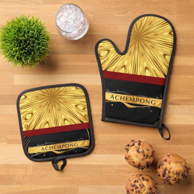 The Gilded Zenith: Molten Gold & Deep Crimson Ache Oven Mitt & Pot Holder Set (Top Down)