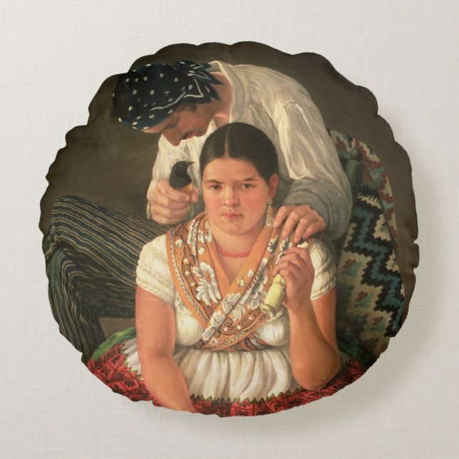 The Gipsy Boy and Girl, (oil on canvas) Round Pillow (Front)