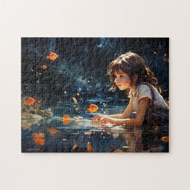 The Girl and the Magical Pond of Golden Fish Jigsaw Puzzle (Horizontal)